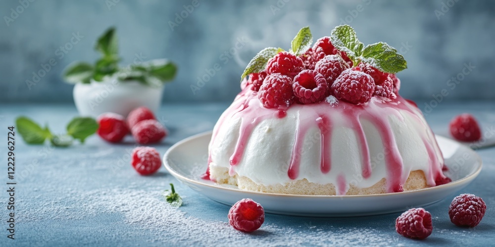 Poster elegant raspberry dome dessert showcasing a creamy texture with vibrant toppings and serene setting 