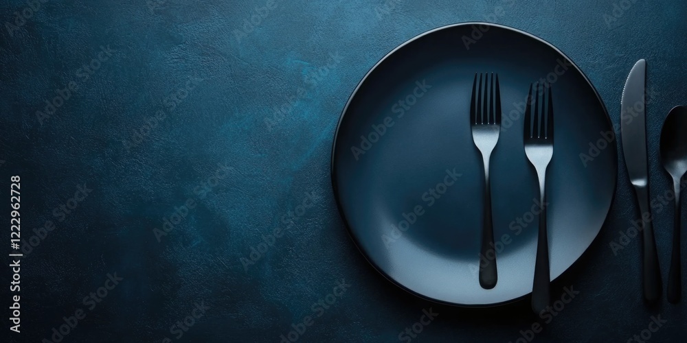 Poster elegant dining table arrangement with dark plate and cutlery against dramatic background ideal for t