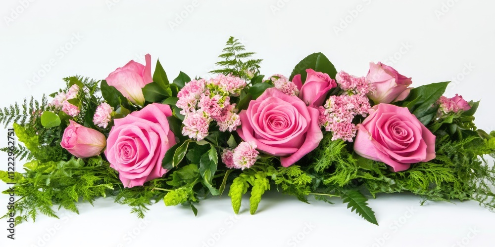 Aufkleber Elegant pink rose floral arrangement with greenery and empty space for text or messages ideal for invitations and announcements