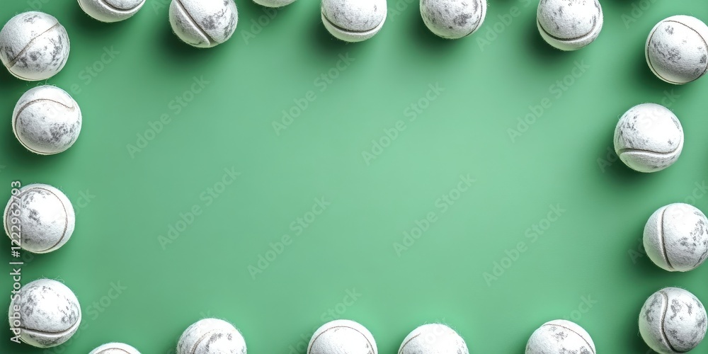 Poster Decorative frame of worn tennis balls on a green background with ample space for custom text or promotional messages