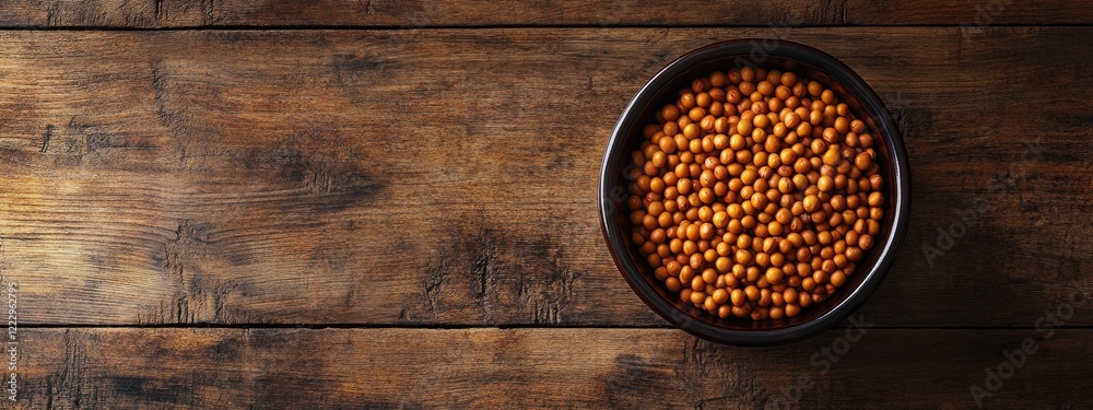 Poster Dried brown peas in a rustic bowl on a wooden table with ample empty space for text or design elements