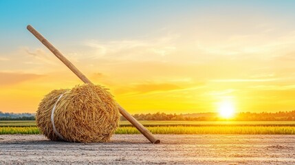 Sunset Over Wheat Field with Hay Bale and Wooden Rake in Rural Landscape