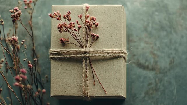 Rustic gift box with flowers showcasing elegance through subtle movement