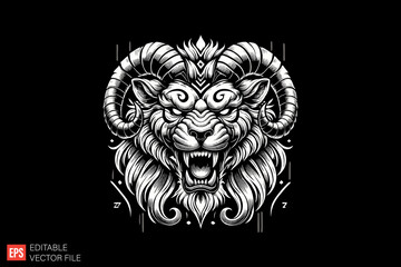Obraz premium monster Tiger Head with horn Black and white silhouette Illustration vector design