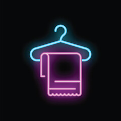 Neon sign representing a towel hanging on a hanger, on a dark background