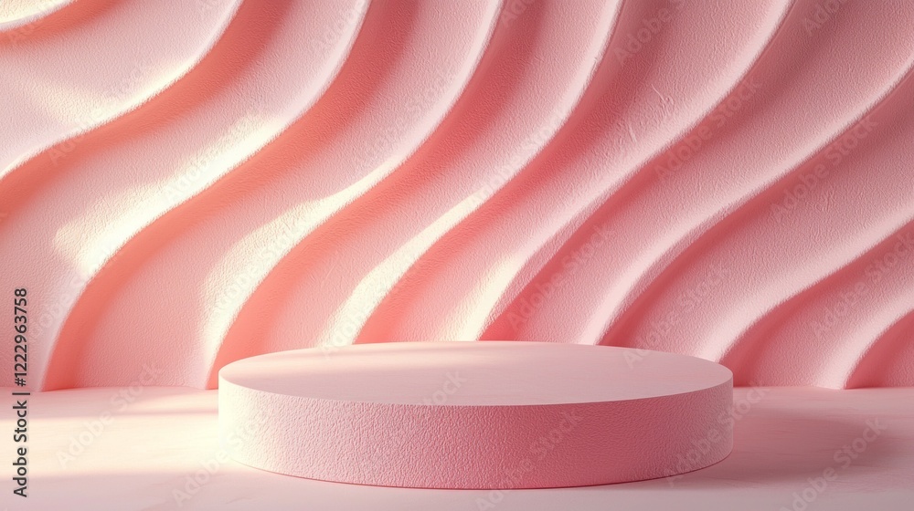 Aufkleber a delicate pink podium stands poised against a textured wavy backdrop, creating a serene and invitin