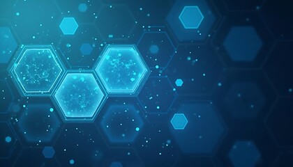 Abstract digital blue network background with glowing hexagonal cells and particles
