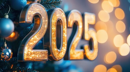 2025, illuminated numbers on a Christmas tree with festive decorations, celebrating New Year&acirc;&euro;&trade;s Eve with holiday lights and decorations for upcoming celebrations.