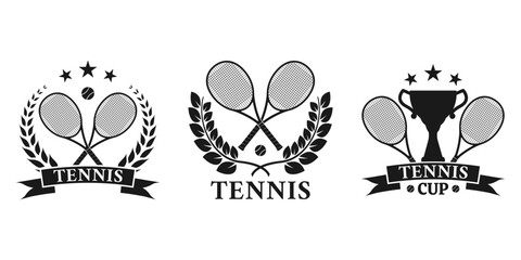 Tennis club logo, icon or badge set with crossed rackets, tennis ball and trophy cup. Sport symbol design. Vector illustration.