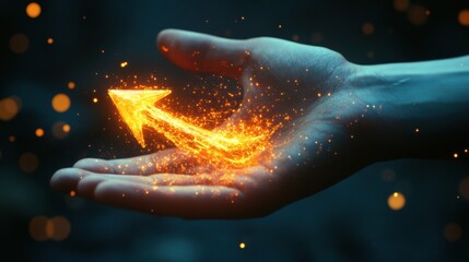 A creative rising arrow symbol on paper with clean design in hand, combining glowing upward visuals and smooth futuristic overlays