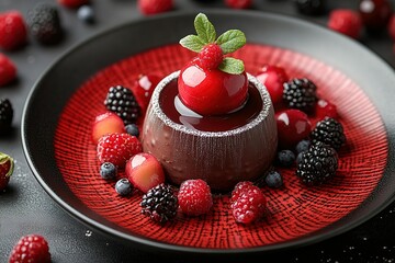 A decadent chocolate dessert topped with a glistening red fruit sphere and surrounded by fresh berries