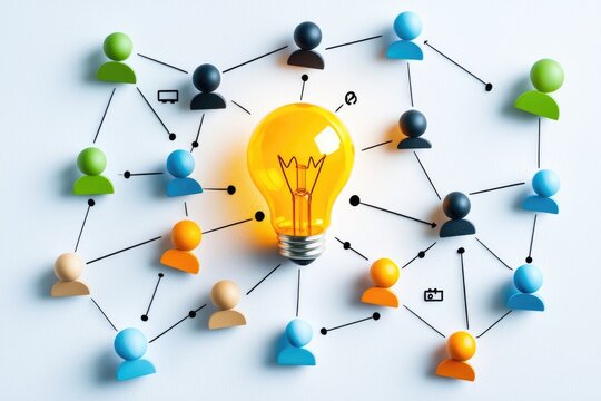 paradigm shift concept illustrated through a lightbulb moment with technology and teamwork elements, neutral background