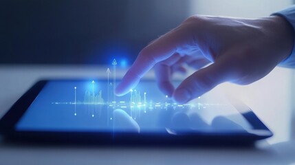 A dynamic business concept of hand pressing tablet with growth chart on white, blending holographic arrows and interactive currency symbols