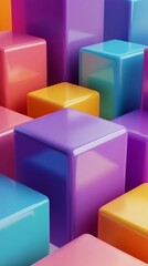 Obraz premium Vibrant multicolored geometric cubes arranged in abstract composition with glossy surfaces reflecting light, creating dynamic pattern of purple, orange, yellow and turquoise blocks