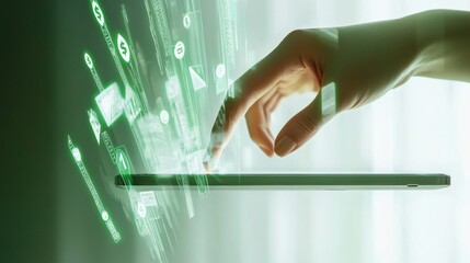 A dynamic business concept of hand pressing tablet with growth chart on white, blending holographic arrows and interactive currency symbols