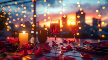 Romantic Rooftop Dinner with City Skyline and Sunset Glow