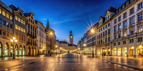 Fototapeta premium Darkened city street with streetlights and illuminated buildings in Munich's Innenstadt at night , panorama, innenstadt