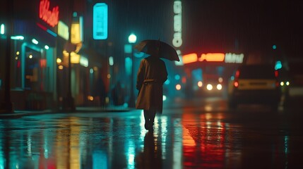 Obraz premium Man walks alone under an umbrella on a rainy night in a vibrant urban setting