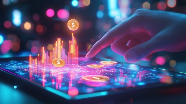 A futuristic financial progress graph and coin effects on tablet with hand, showcasing holographic 3D elements and glowing upward trends
