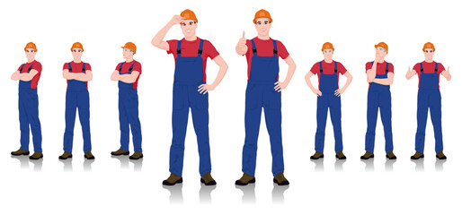 Set of Male Construction Workers in Safety Gear Displaying Various Poses and Gestures. Vector Flat Style Illustration Set Isolated On White