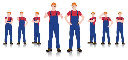 Set of Male Construction Workers in Safety Gear Displaying Various Poses and Gestures. Vector Flat Style Illustration Set Isolated On White