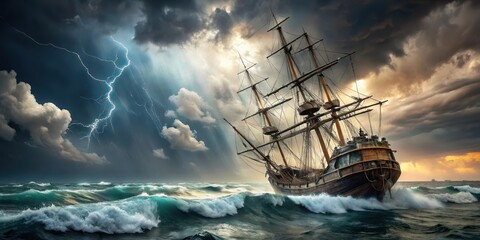 An old sailing ship is battered by a violent thunderstorm at sea, sailing boat