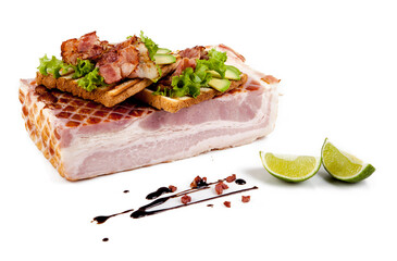 Smoked bacon, isolated on white background.