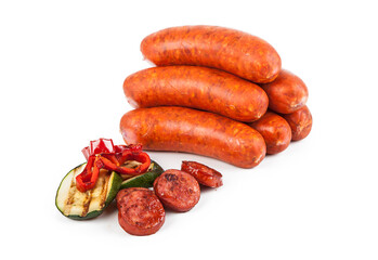 Paprika pork sausage on the grill, isolated on white background.
