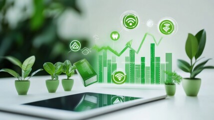 A modern eco-investment dashboard with tablet and interactive growth chart on white background, featuring green financial trends and glowing icons