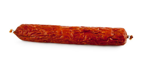 Skilandis or Kindziukas is a Lithuanian matured sausage made of meat, isolated on white background.