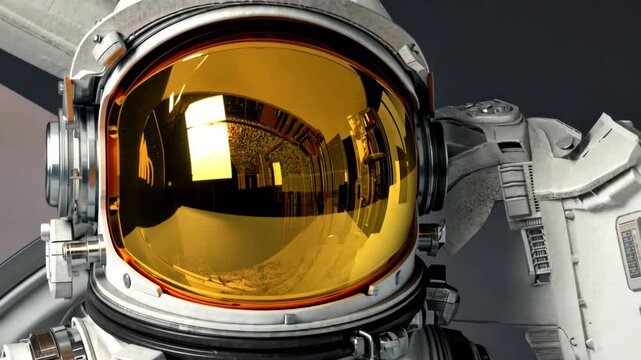 Close-up of an astronaut helmet with golden reflective visor showing indoor reflection