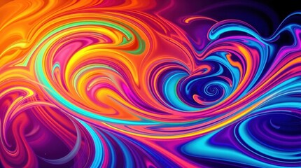 Vivid swirls of color dance energetically across a dark background, creating a mesmerizing visual symphony of hues and patterns