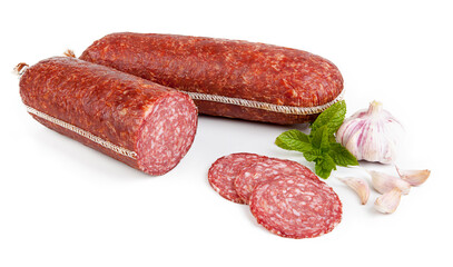 Pork salami sausage, isolated on white background.