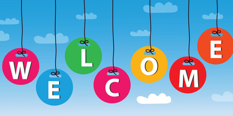 Colorful hanging cardboard on sky Tags welcome vector illustration design background