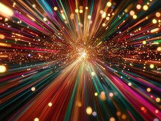 A vibrant explosion of light and color radiates outward, creating a dynamic sense of movement and energy in a captivating visual display.