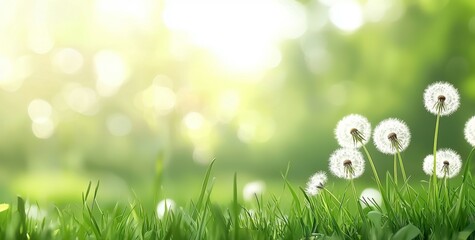 Obraz premium Field of dandelions with a bright green background