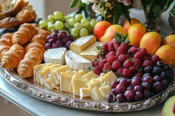 A platter of cheese fruit and pastries Perfect for a party or gathering