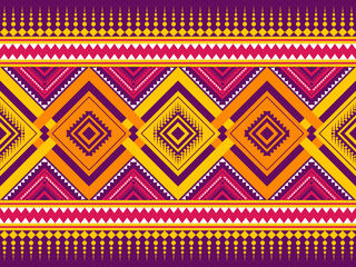 Geometric ethnic pattern with a tribal style in orange, yellow, purple, and magenta. Design for background,carpet,wallpaper,clothing,wrapping,Batik,fabric,Vector illustration embroidery style.