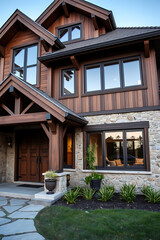 Fototapeta premium Luxury Modern House Exterior Design: Stone and Wood Architecture. Stunning contemporary home with a beautiful landscape and garden. Real estate, residential property.
