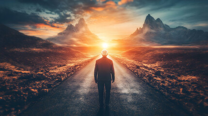 Fototapeta premium Man walks sunset road, mountainscape backdrop