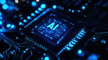 AI chip and motherboard with glowing blue lights representing advanced technology, digital innovation, and future computing in electronics and artificial intelligence.