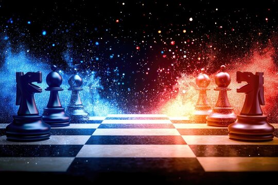 Strategic advantages represented by a chessboard with pieces in motion, emphasizing tactical planning and decision-making, neutral background