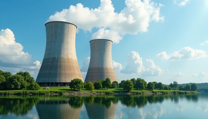 Close-up view of cooling tower at nuclear facility , ventilation, concrete, steam