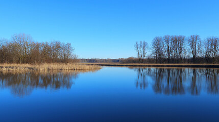 Serene lake landscape reflecting trees and clear blue sky, showcasing nature's tranquility