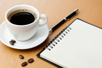 Virtual assistant services at a sleek desk setup with a laptop, coffee cup, and notepad, neutral background