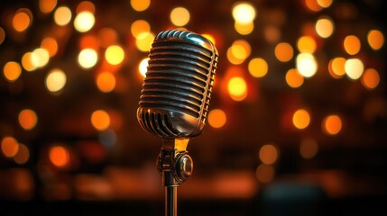 A vintage microphone stands in front of a blurred, colorful background of lights.