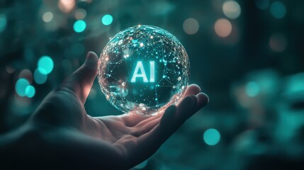 AI concept in a glowing sphere held by a hand, representing artificial intelligence technology, innovation, and futuristic digital solutions. Tech trends and ideas.