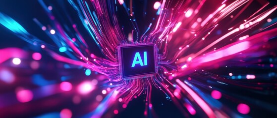 Obraz premium AI, futuristic technology with vibrant digital particles and circuit board elements, representing innovation, computing, and advancements in artificial intelligence.