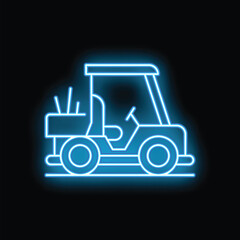Bright blue neon sign depicting a golf cart on a black background, evoking a sense of fun and recreation
