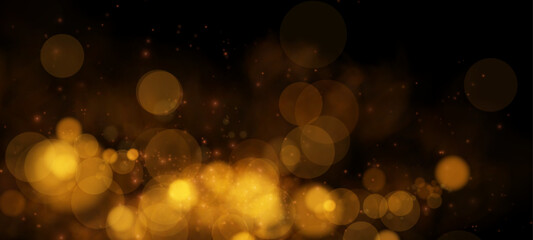 A dreamy golden bokeh effect with glowing orbs and soft sparkles on a dark background, evoking elegance and warmth.